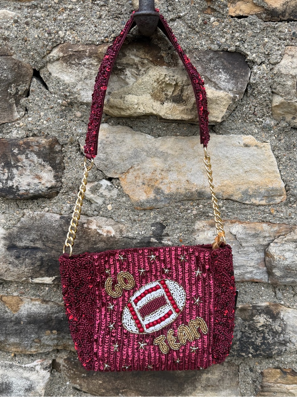 NWT Sequin and beaded Burgundy 'Go Team' Bag Purse Football